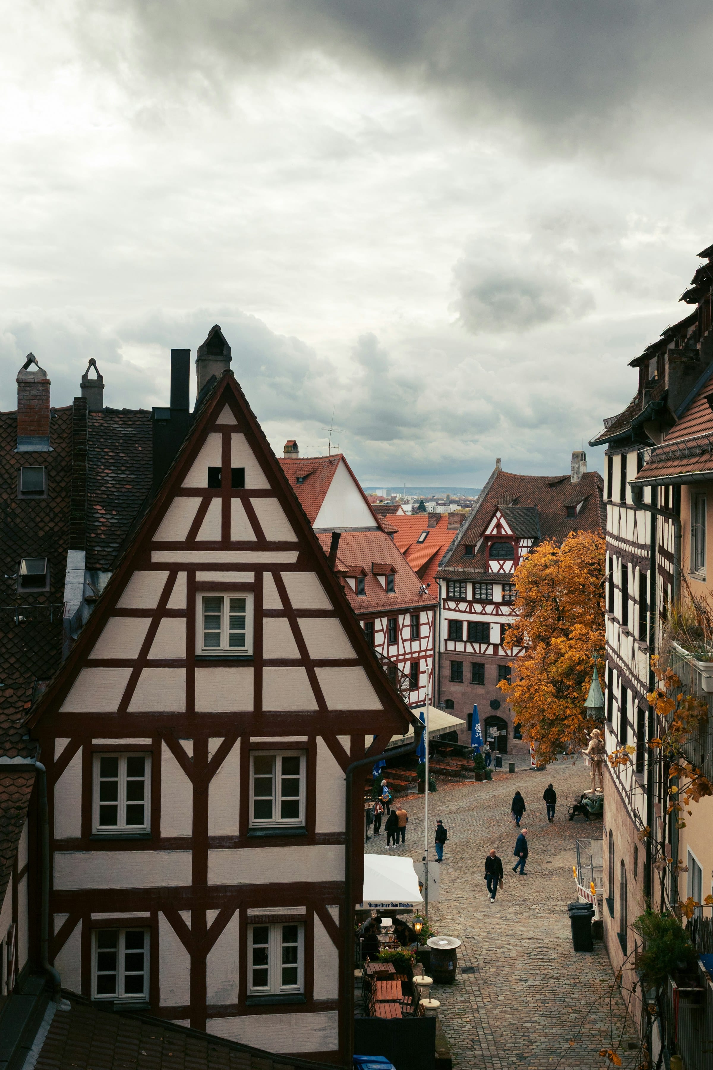 Half-timbered German old town square in low evening sunlight